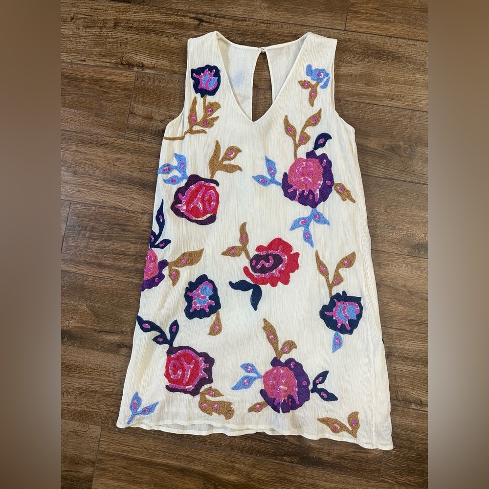 Free People Embroidered Shift Dress, Boho Embroidered Flowers Dress Small
